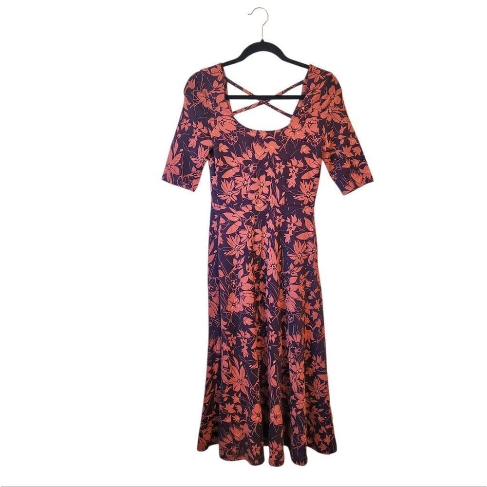 Pact Floral Maroon & Orange Organic Cotton Midi Dress Women's Size XS